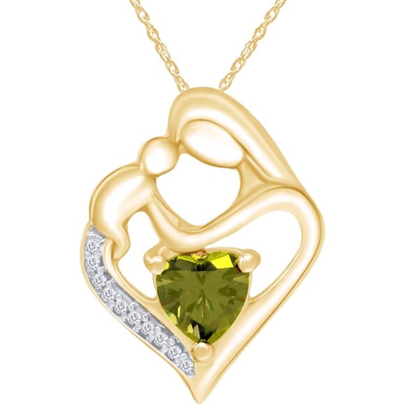 Heart Pendant Necklace with 7MM Simulated Peridot & White Diamonds, 14K Gold Sil - Picture 1 of 5